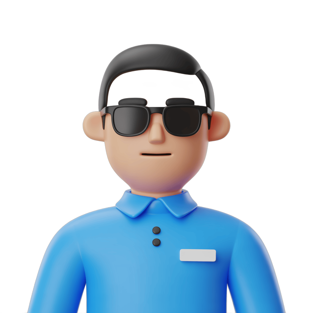 Professional cartoon delivery person with sunglasses and name tag for business presentations and branding PNG - transparent background