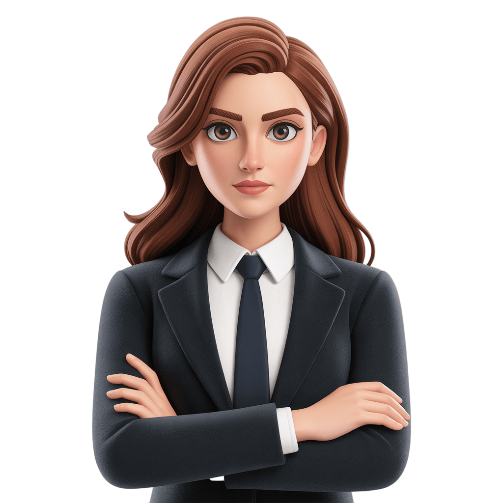 Professional cartoon woman in business suit with arms crossed for corporate presentations and branding PNG - transparent background
