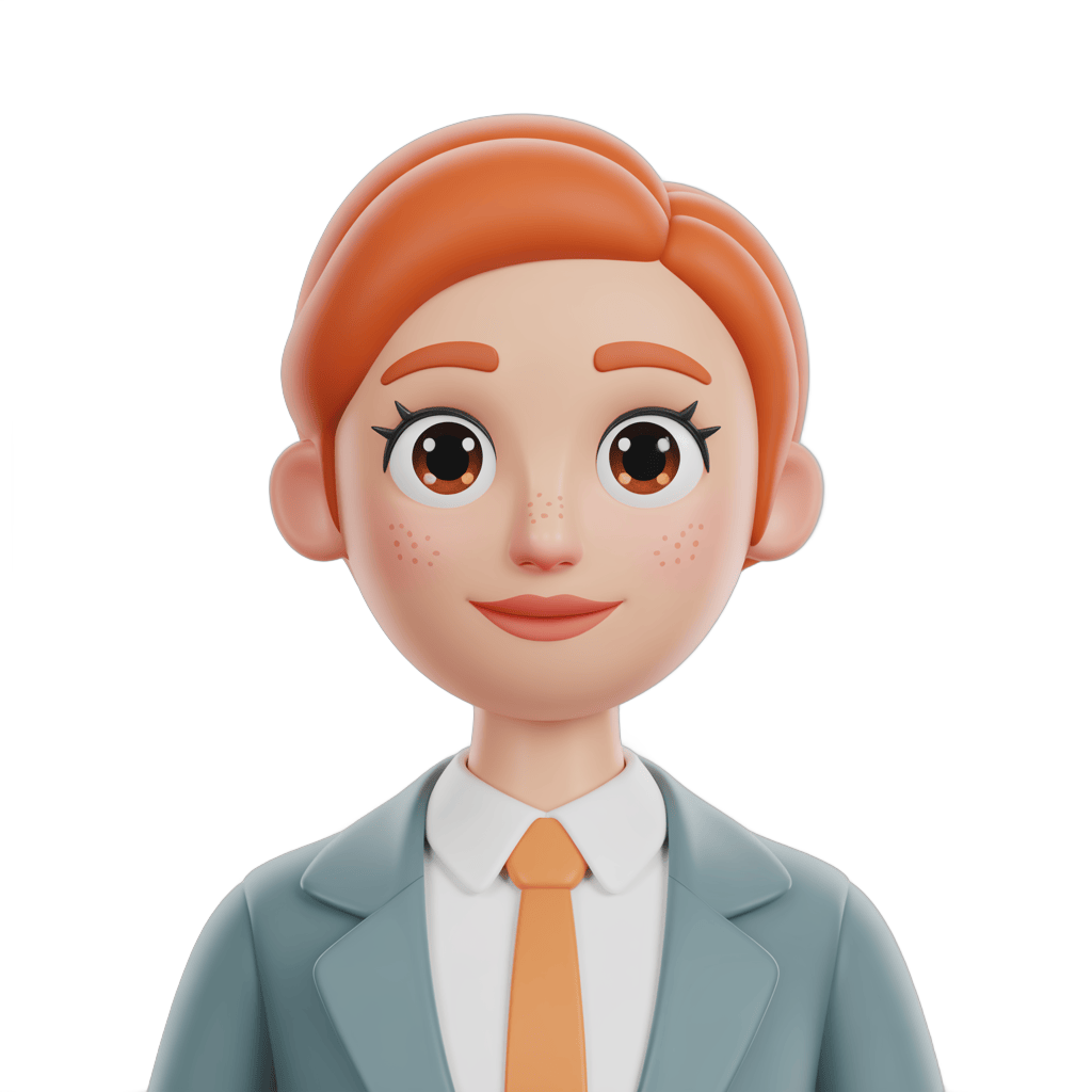 Professional cartoon woman with red hair in gray suit and orange tie for business presentations and corporate graphics PNG - transparent background