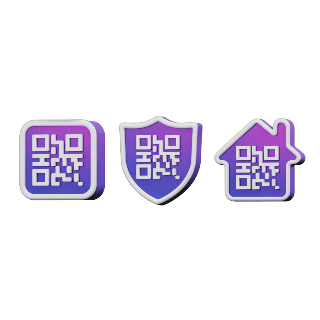 Purple qr code icons with security shield and house shape for digital marketing and real estate branding PNG - transparent background