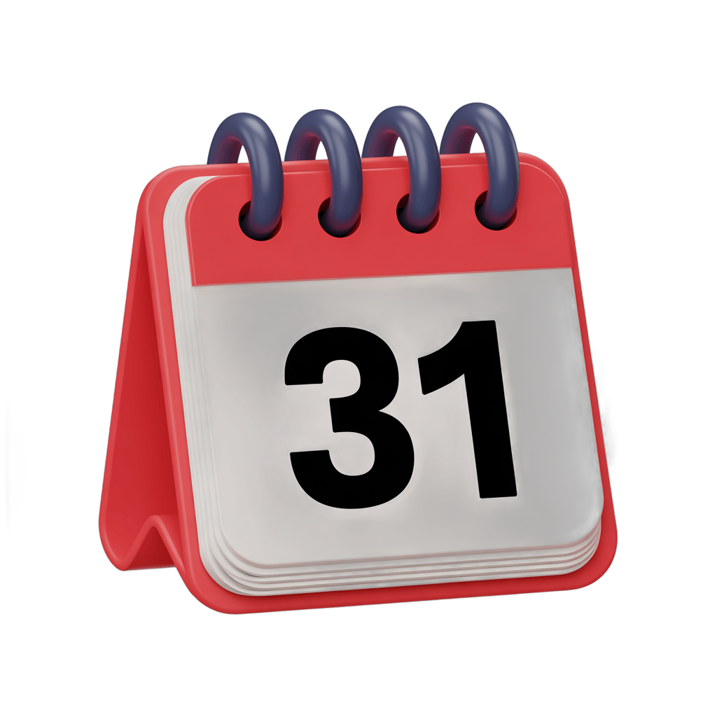 Red calendar page showing thirty first day for event planning and deadline reminders PNG - transparent background