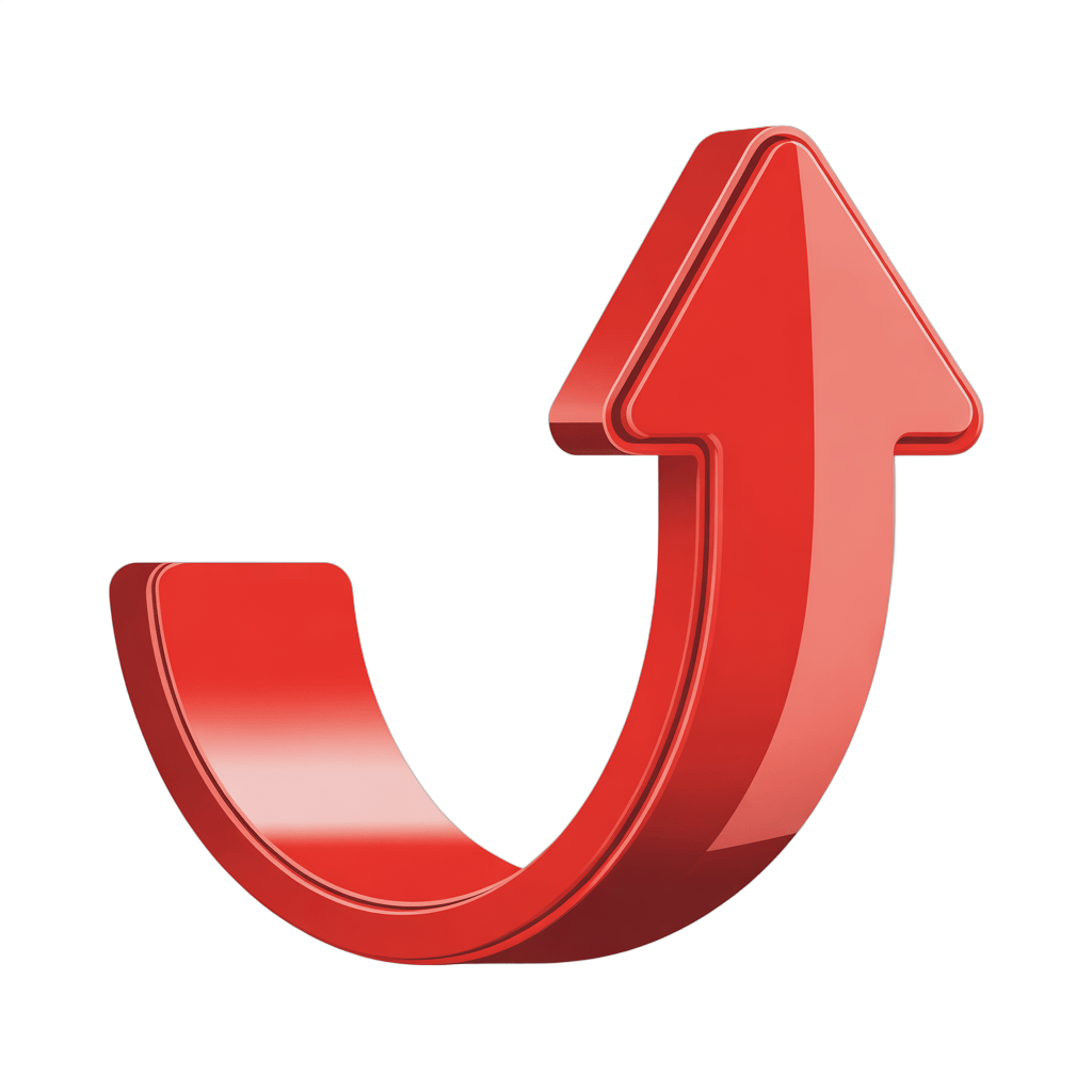 Red upward curved arrow isolated graphic element for presentations and marketing materials PNG - transparent background