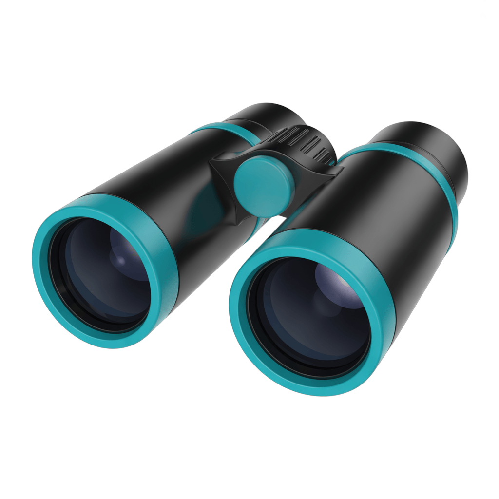 Sleek black and teal binoculars for outdoor adventure hiking and wildlife observation PNG - transparent background