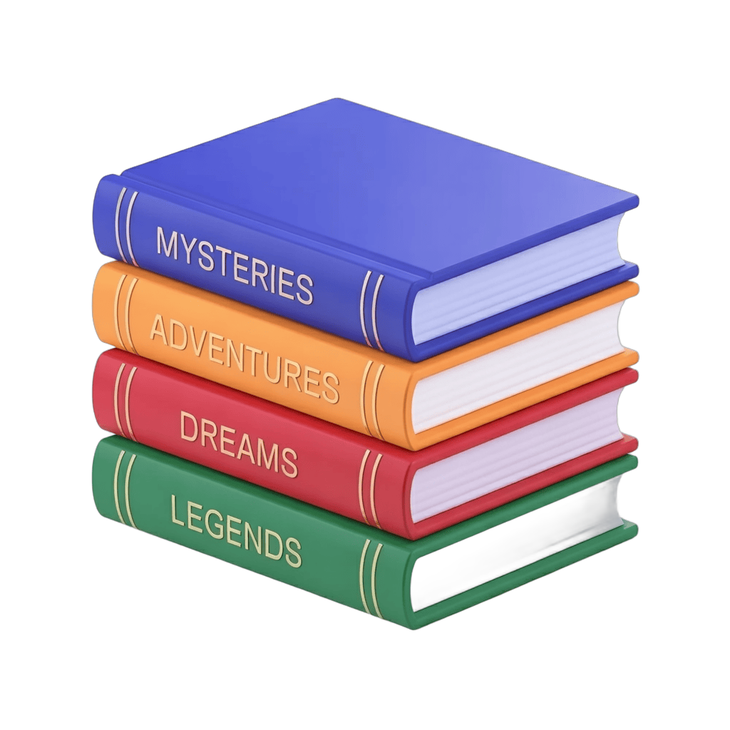 Stack of colorful hardcover books with labels mysteries adventures dreams legends for editorial design PNG - transparent background