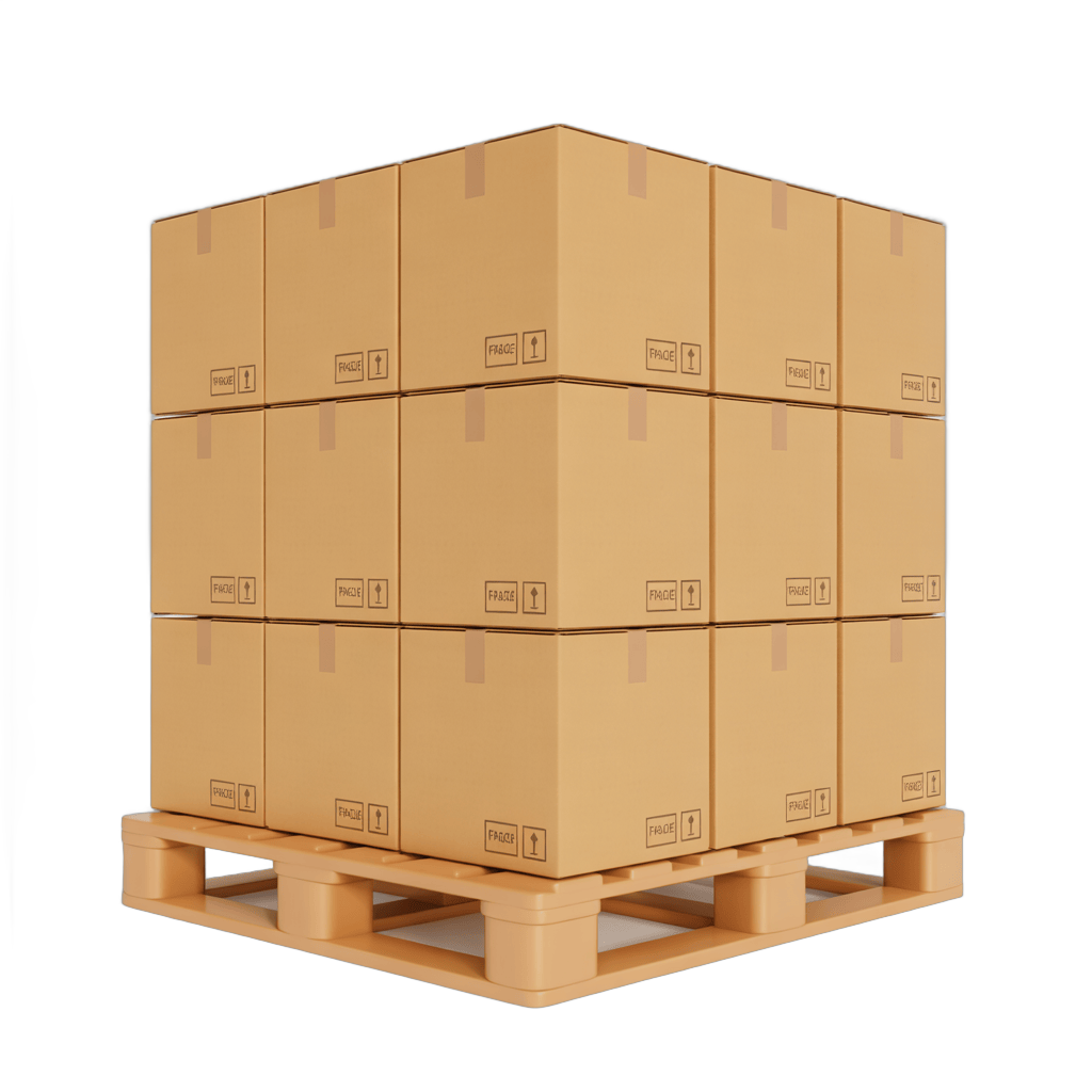 Stacked brown cardboard boxes on wooden pallet ready for shipping and logistics operations PNG - transparent background