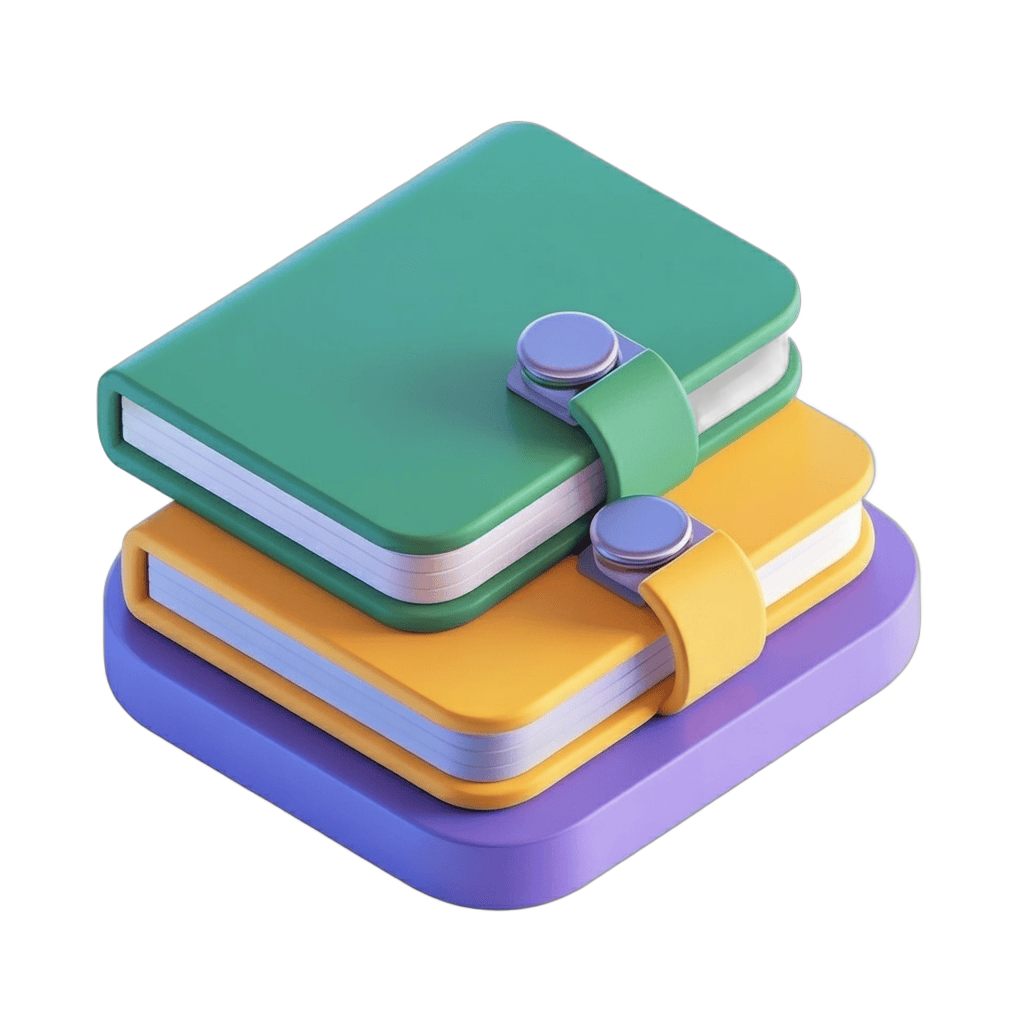 Stacked colorful notebooks with elastic bands for education marketing and stationery design PNG - transparent background