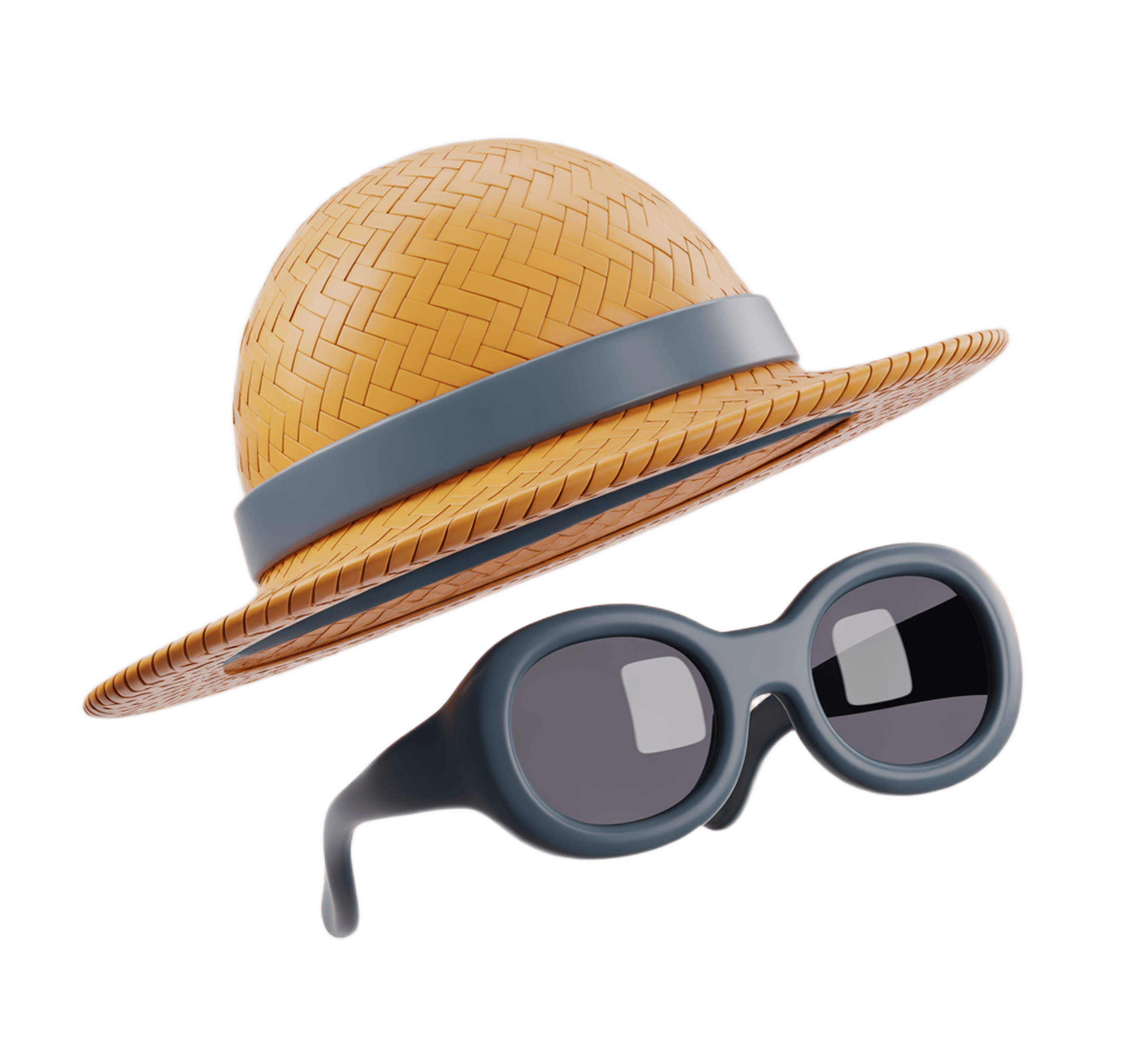 Stylish straw fedora hat with black sunglasses isolated graphic for summer fashion branding PNG - transparent background