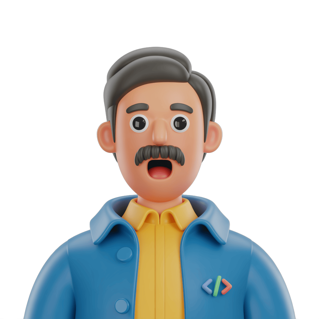 Surprised programmer in blue jacket with yellow shirt showing shock and coding logo on chest PNG - transparent background
