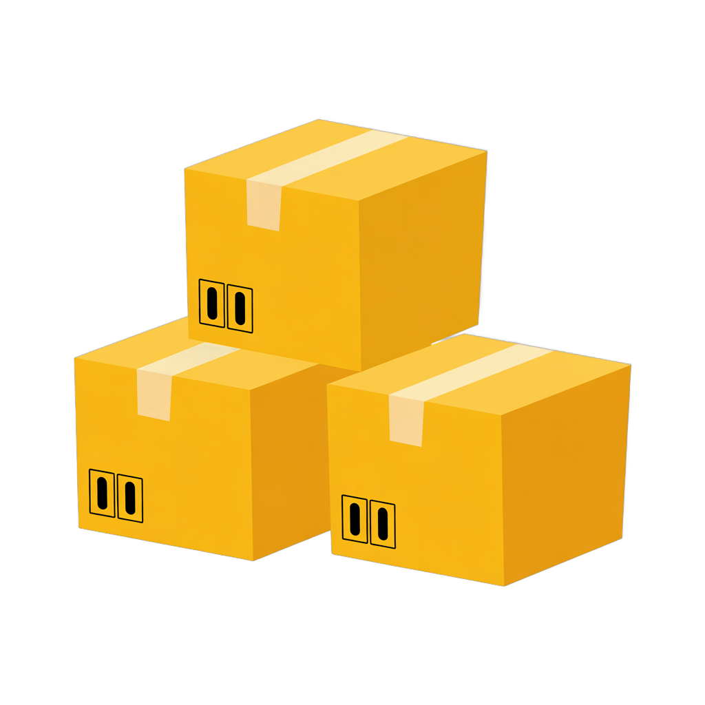 Three identical yellow delivery boxes with handles stacked for ecommerce packaging illustration PNG - transparent background