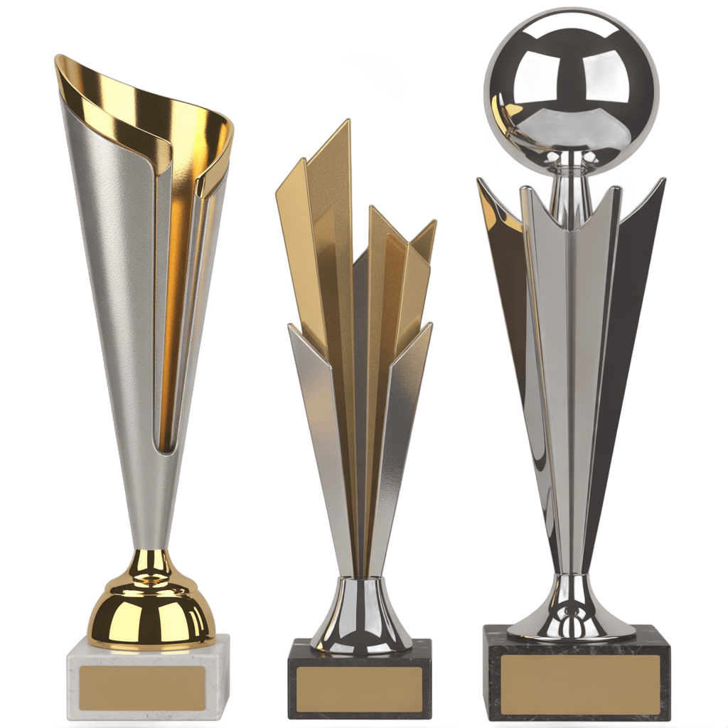Three metallic trophy icons for awards ceremony presentation and winner recognition design PNG - transparent background