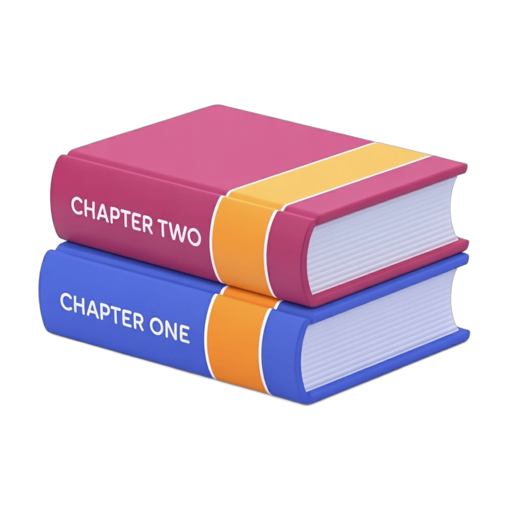 Two colorful hardcover books labeled chapter one and two stacked for educational content design PNG - transparent background