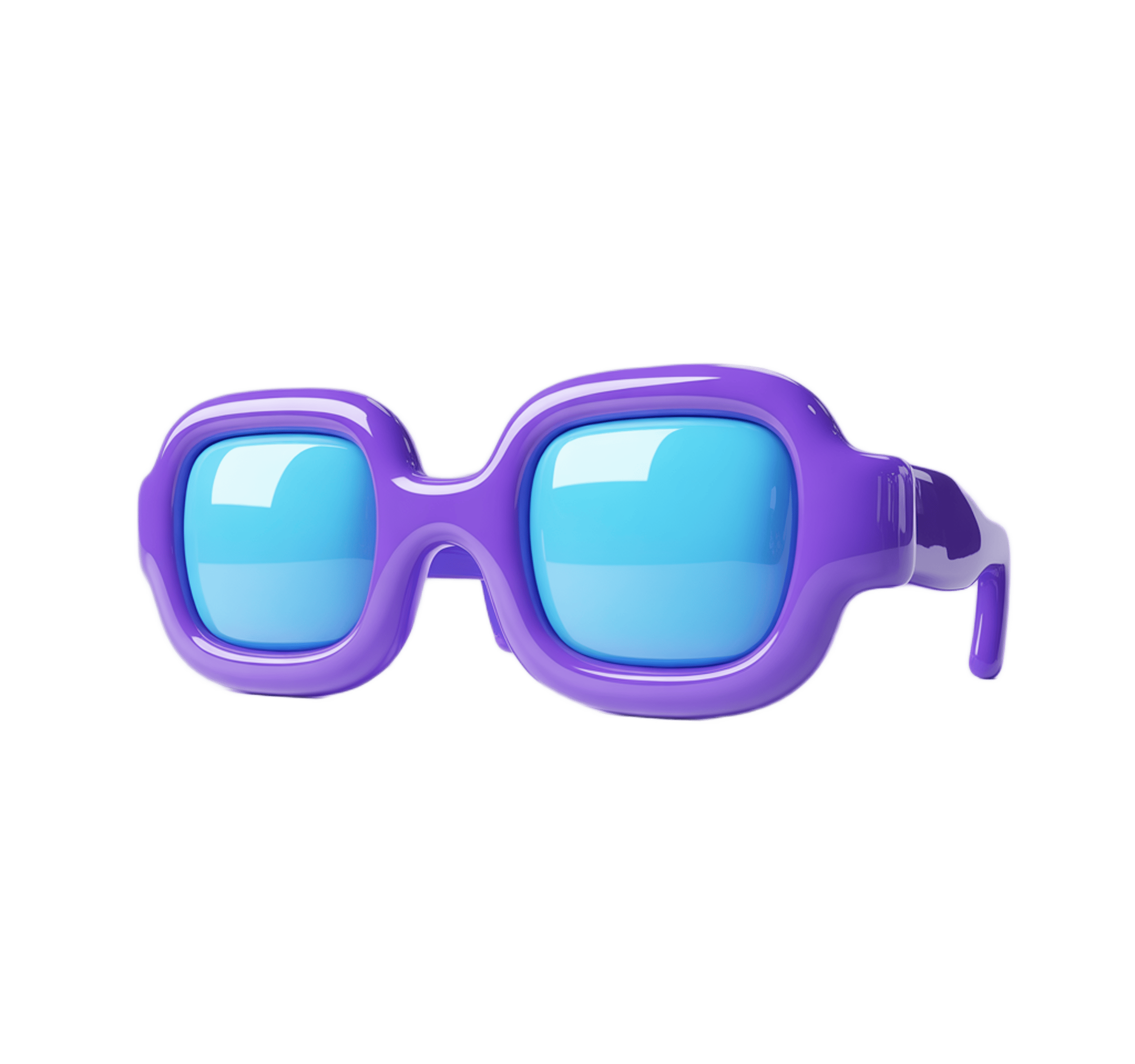 Vibrant purple retro sunglasses with blue tint for summer fashion graphics and branding PNG - transparent background