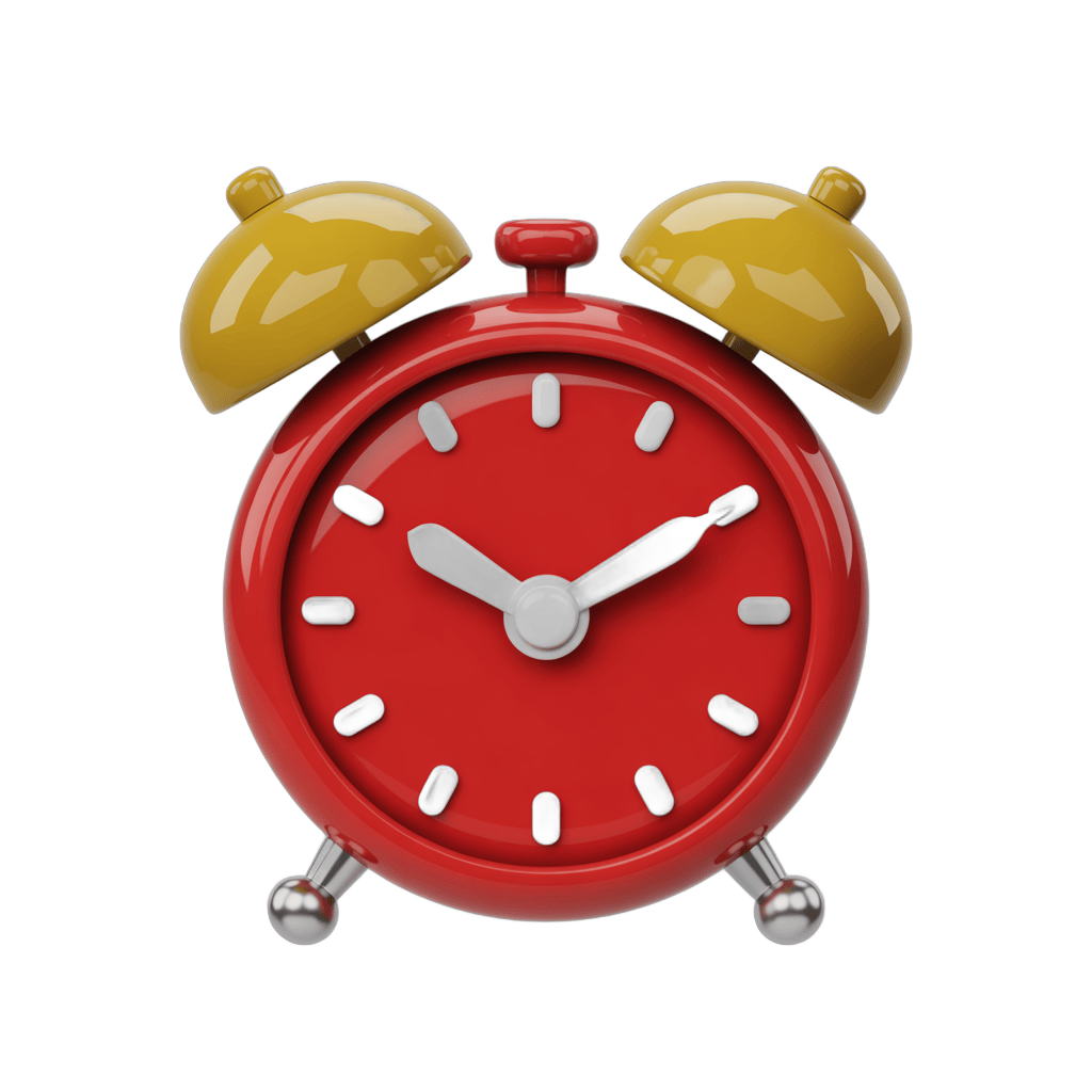 Vibrant red alarm clock with yellow bells isolated on transparent background for graphic design PNG - transparent background