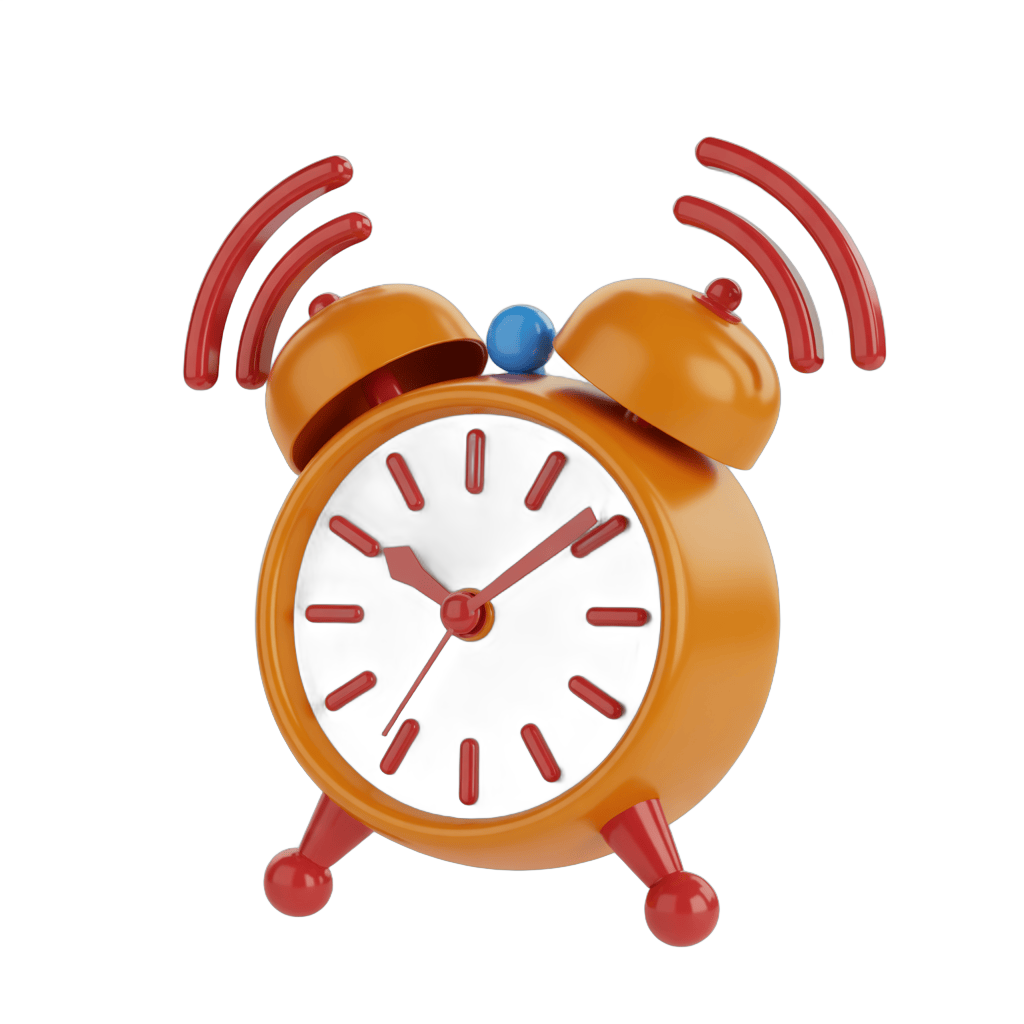 Vibrating orange alarm clock with red arms and blue button for presentations and digital designs PNG - transparent background