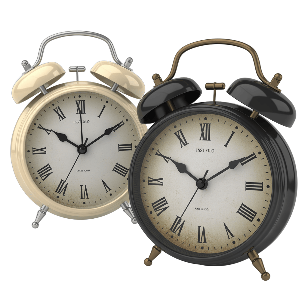 Vintage alarm clocks with roman numerals isolated on transparent background for editorial and graphic design PNG - transparent background