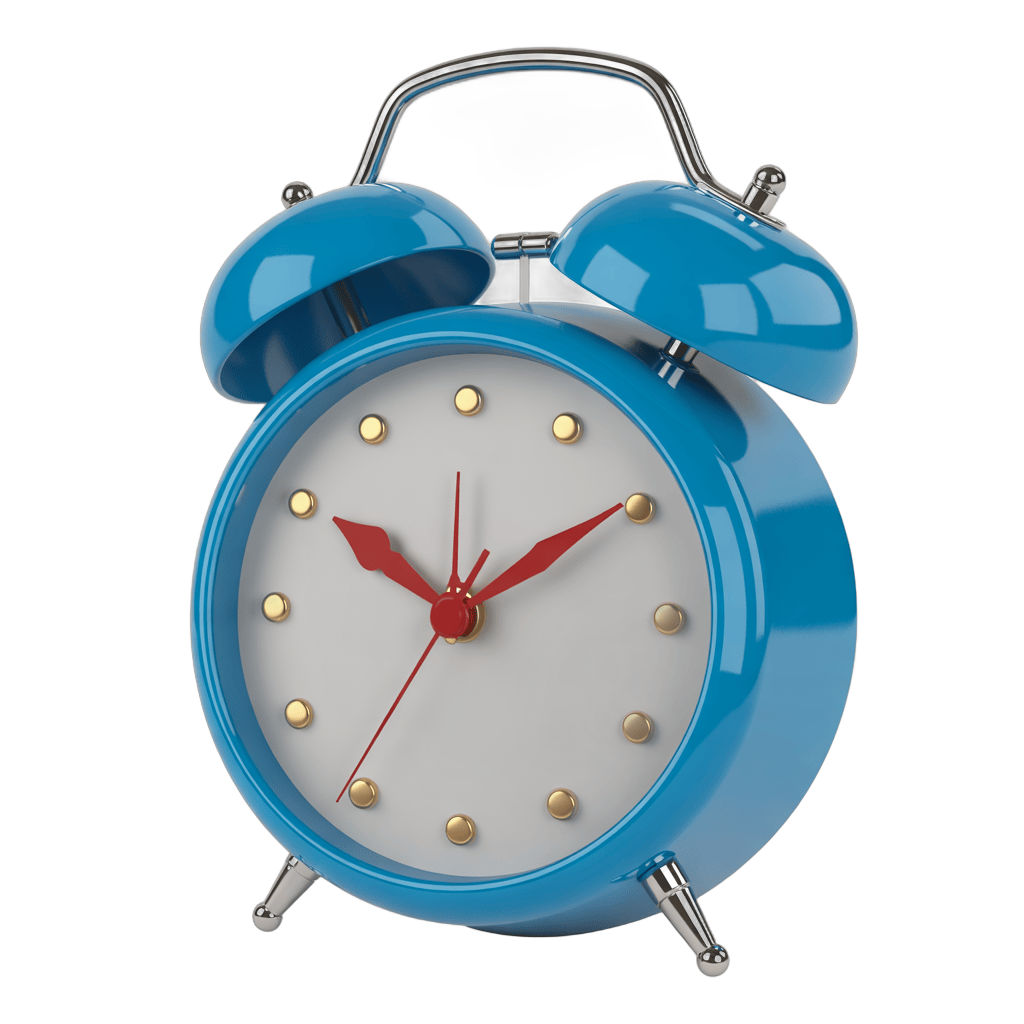 Vintage blue alarm clock with red hands isolated on transparent background for graphic design PNG - transparent background