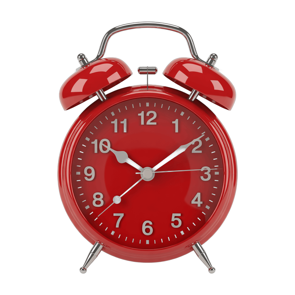 Vintage red alarm clock with white hands showing time for productivity and time management graphics PNG - transparent background