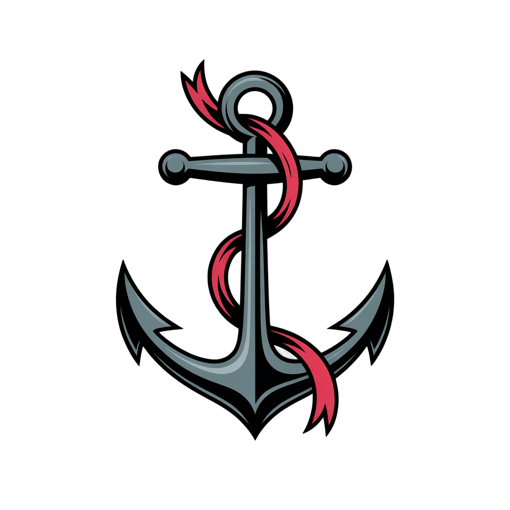 Vintage style anchor graphic element with red rope for nautical logos and maritime branding PNG - transparent background