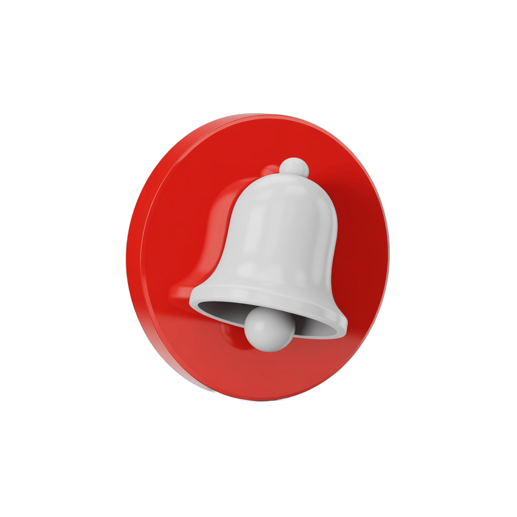 White bell graphic element on red circular background for notifications alerts and alerts icons PNG - transparent background