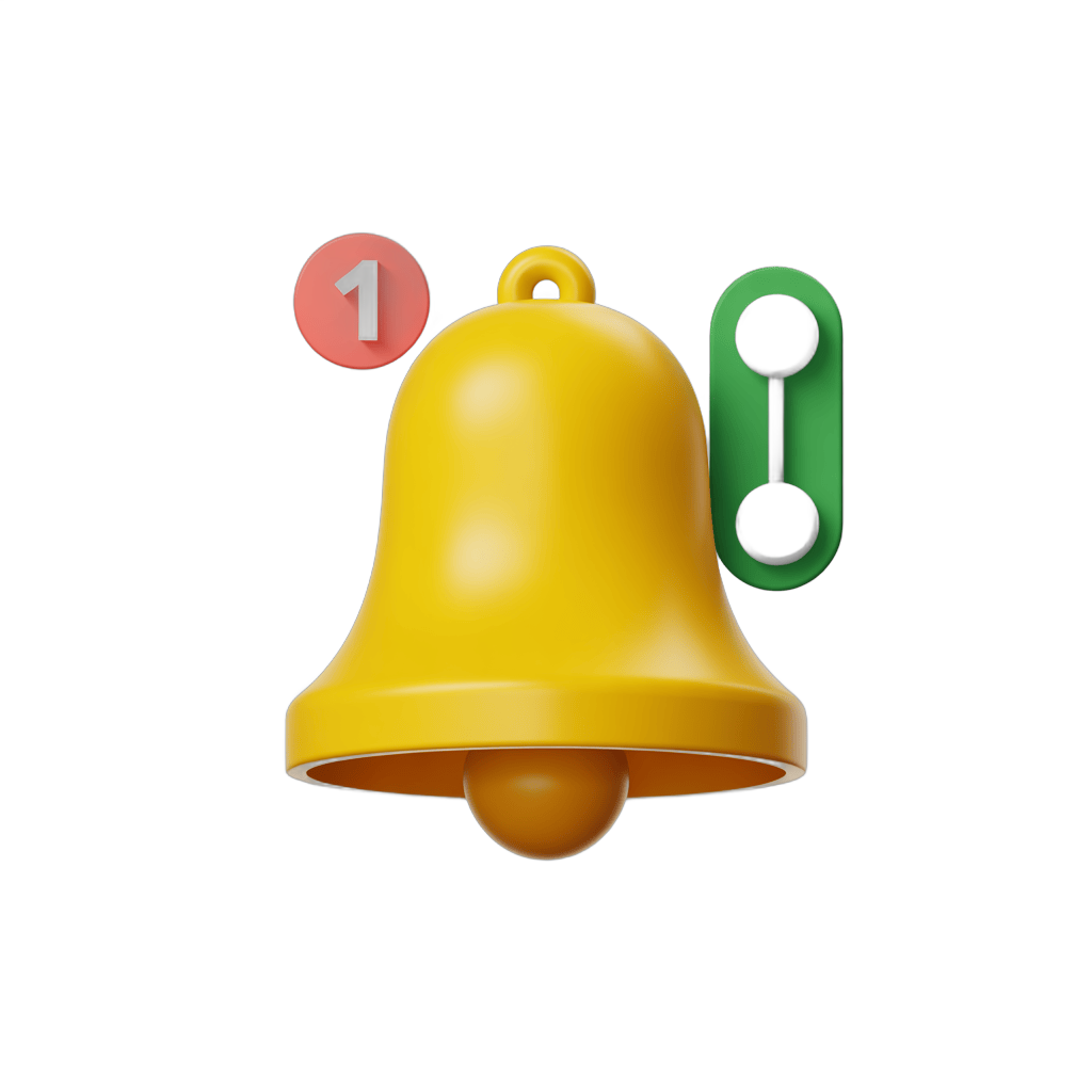 Yellow notification bell icon with number one badge and play button graphic element PNG - transparent background