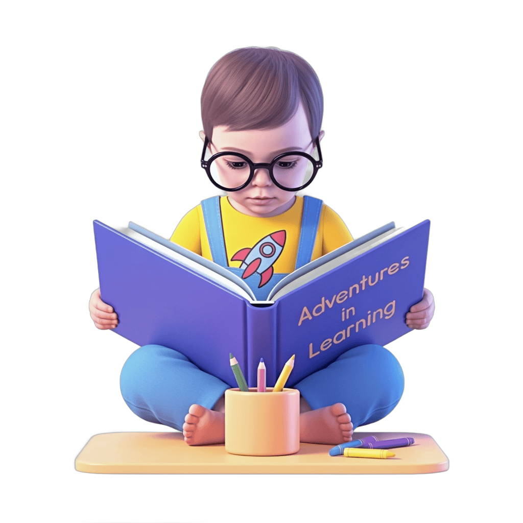 Young child with short brown hair and glasses reading adventures in learning book with colorful pencils PNG - transparent background