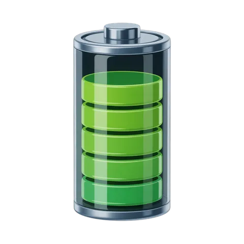 3d cartoon battery icon with green power level indicator for energy apps and websites PNG