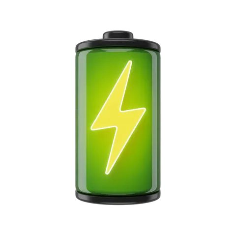 3d cartoon battery icon with lightning bolt showing full charge for energy apps and websites PNG