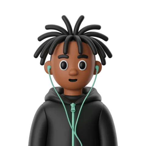 3d cartoon boy with dreadlocks listening to music with wireless earbuds isolated clipart PNG