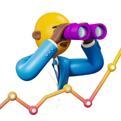 3d cartoon businessman using binoculars to analyze upward stock market growth chart PNG