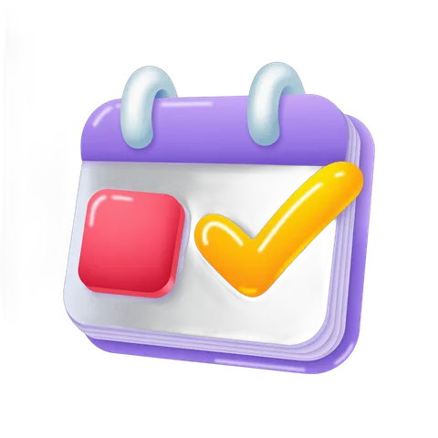 3d cartoon calendar page with checkmark and red cross for task management and planning PNG