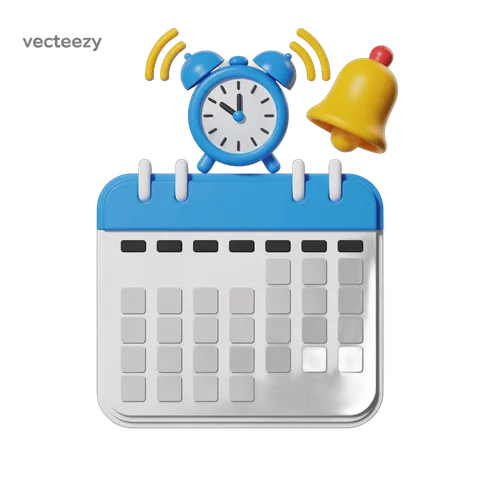 3d cartoon calendar with alarm clock and bell graphic for reminders and notifications design PNG