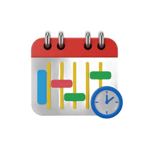 3d cartoon calendar with clock and volume controls for scheduling and event planning graphics PNG