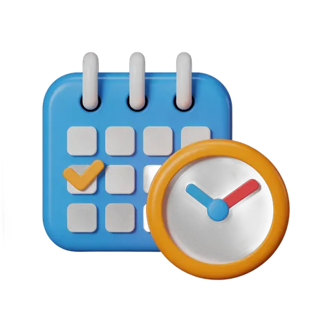 3d cartoon calendar with clock icon showing scheduled appointment for business presentations and planning PNG