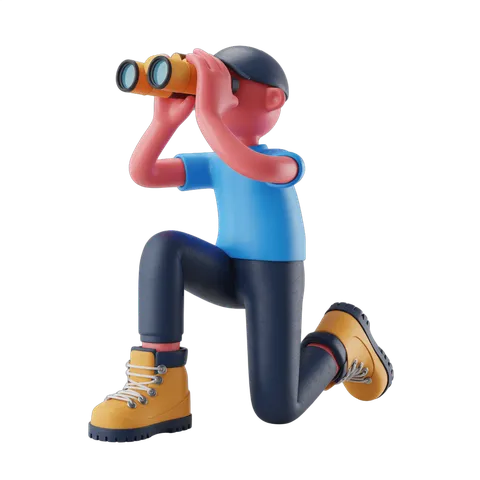 3d cartoon character kneeling with binoculars exploring nature outdoor adventure illustration PNG