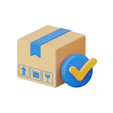 3d cartoon delivery box with checkmark icon for order confirmation and shipping success PNG