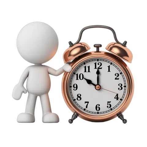 3D cartoon figure holding vintage alarm clock for time management and productivity graphics PNG