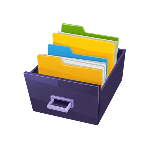 3d cartoon file folder organizer with labeled folders in drawer for office and digital organization PNG