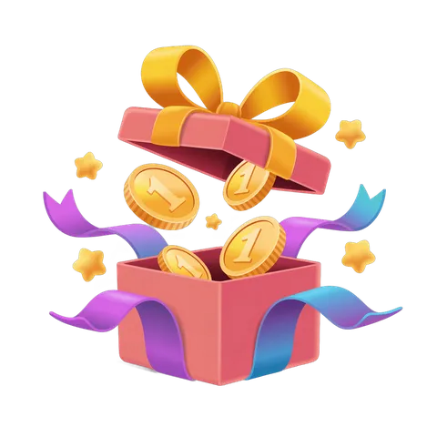 3d cartoon gift box spilling gold coins with celebratory stars and ribbons for winning awards or promotions PNG