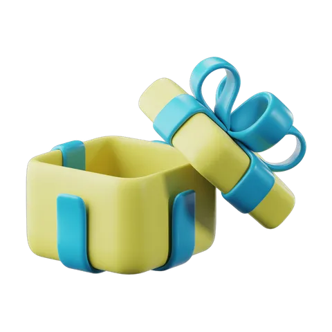 3d cartoon gift box with blue ribbon and yellow bow isolated clipart for presentations and designs PNG