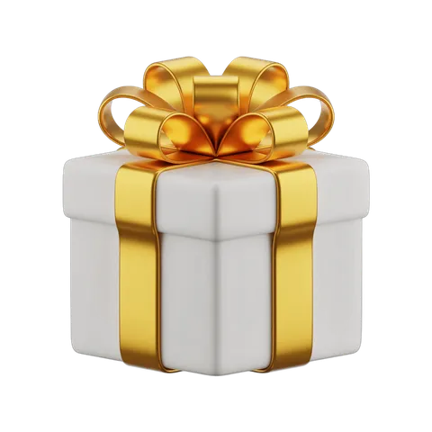 3d cartoon gift box with golden ribbon and bow for holiday presents and celebrations PNG