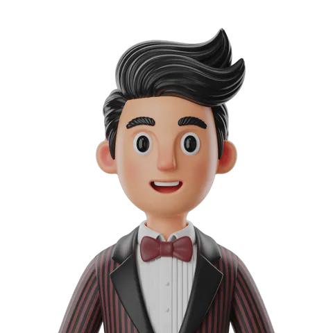 3d cartoon man in tuxedo bowtie smiling for formal event invitation design PNG