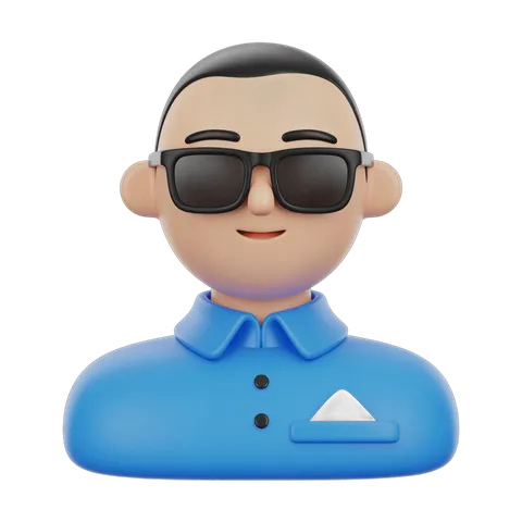 3d cartoon man wearing sunglasses and blue polo shirt with pocket graphic element PNG