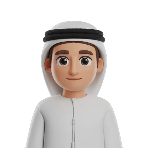 3d cartoon man wearing traditional arabian white robe and black headband isolated clipart graphic PNG