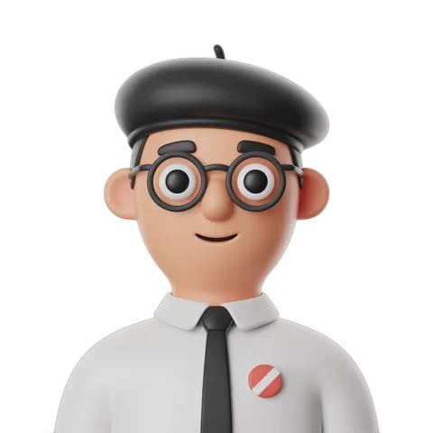 3d cartoon man with beret and glasses wearing a tie for presentations and corporate illustrations PNG