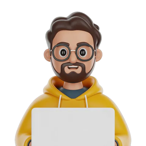 3d cartoon man with glasses holding laptop for presentations and digital content creators PNG
