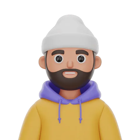 3d cartoon man with gray beanie and purple hoodie smiling cheerful isolated clipart PNG