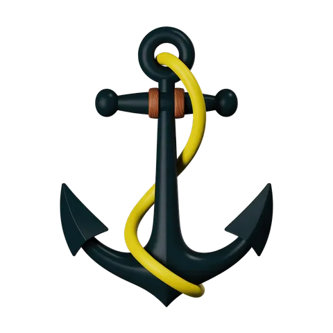 3d cartoon style anchor graphic element with yellow rope for nautical themes and maritime designs PNG