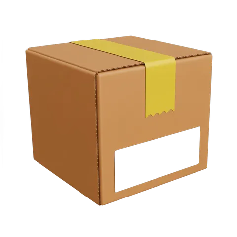 3d cartoon style brown cardboard box with yellow shipping tape isolated on transparent background PNG