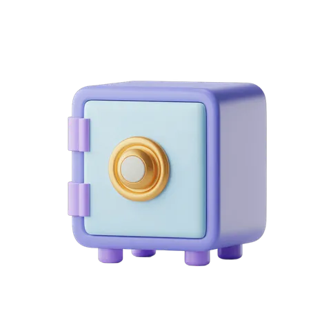 3d cartoon style safe deposit box with gold handle for business security graphics PNG