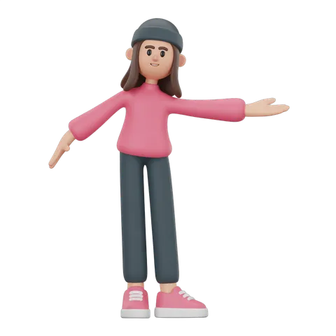 3d cartoon woman with arms outstretched in casual pink sweater and dark pants for presentations and graphics PNG